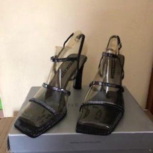 Nine West Gabelle Silver Metallic Sequin Strappy Square Toe Heeled Sandal